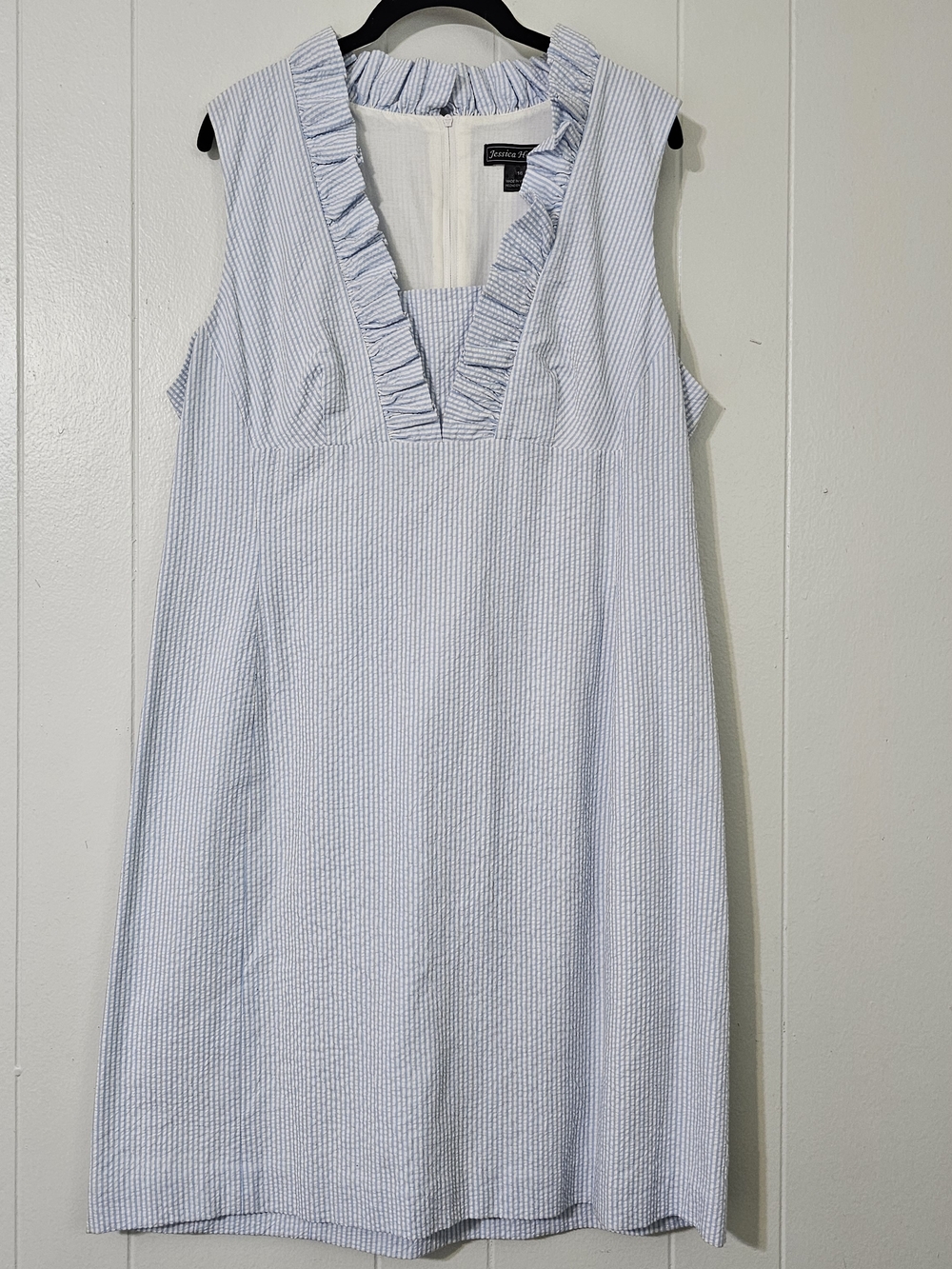 Jessica Howard Dress 16 Blue Seersucker Stripe Sleeveless Ruffle NWT Midi